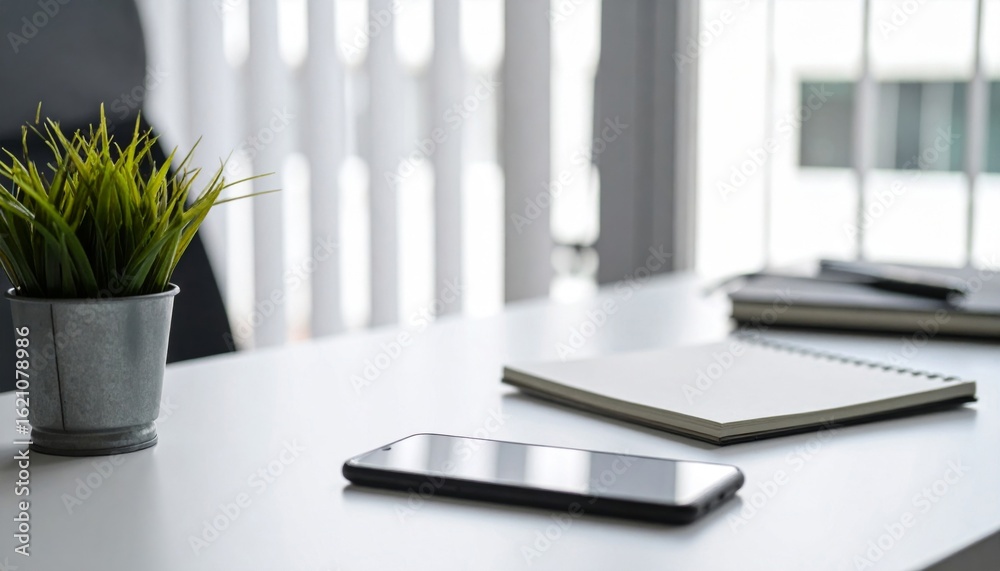 Obraz premium White Office Desk with Plant Cellphone and Notebook in Natural Light