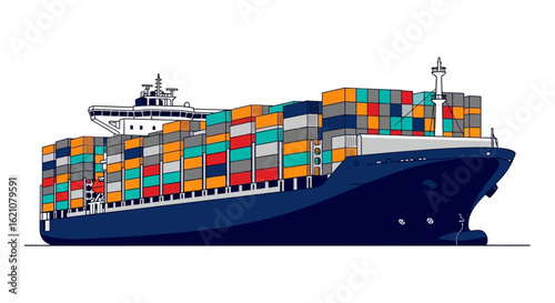 Cargo Ship Loaded with Containers International Trade and Global Logistics Illustration