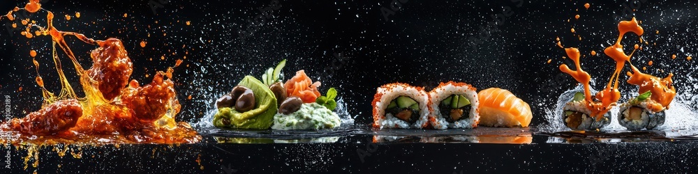 Fototapeta premium sweet chili sauce splashing onto crispy chicken wings, tzatziki sauce splashing onto pita bread with olives, wasabi sauce splashing onto a sushi platter with avocado, isolated on black background