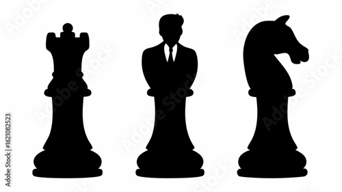 Three chess pieces in black silhouette including a queen a king dressed in a suit and a knight piece