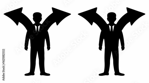 Two silhouettes of a person in a suit with arrows pointing in different directions indicating choices ahead
