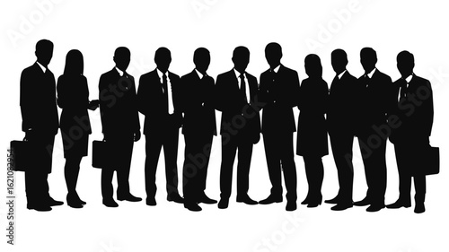 Silhouette of a group of business people standing together in a line with briefcases and formal attire on transparent background