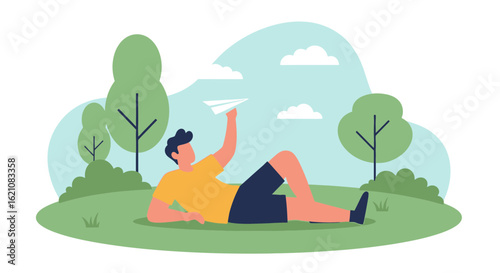 Man Relaxing Outdoors with Paper Plane on Summer Day Dreamy State
