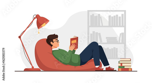 Man Relaxing With Book On Beanbag Chair In Cozy Room Reading Time