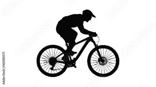 Silhouette illustration of a mountain biker riding a bicycle on a white background in a side view image on transparent background