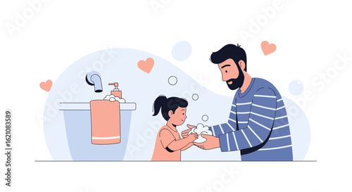 Loving Father Teaches Daughter Proper Handwashing Hygiene With Care At Washbasin