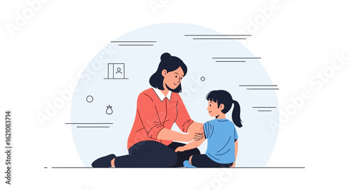 Loving Mother Gently Soothing Her Child's Arm In A Minimalist Illustration Style