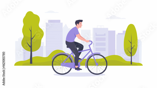 Man riding a bicycle in a park with trees and buildings in the background on a sunny day scene on transparent background
