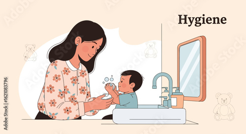 Loving Mother Teaches Her Child To Wash Hands Properly In A Bathroom