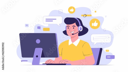 Illustration of a woman wearing a headset working at a computer with chat bubbles and thumbs up icons on transparent background