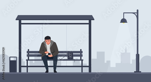 Man Sits Alone at a Bus Stop Using His Phone on a Gloomy Day