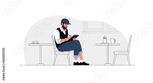 Man Sitting And Writing In A Cafe Illustration Trendy Minimalist Style