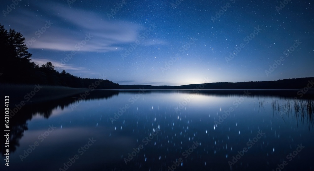 Fototapeta premium Calm lake reflecting a starlit night sky