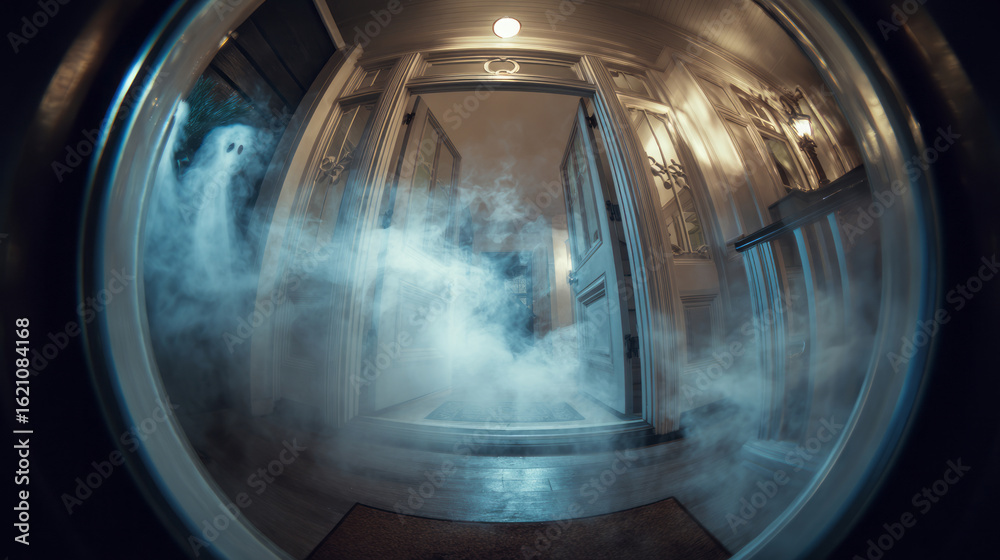 Obraz premium From behind the door, glowing spirits are seen via peephole, symbolizing boundary between reality and the unknown