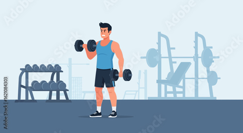 Male Character Doing Bicep Curls With Dumbbells In Gym For Strength Training