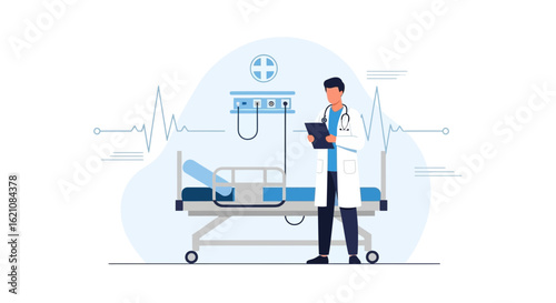 Male Doctor Reviewing Medical Records in Hospital Room With Examination Bed