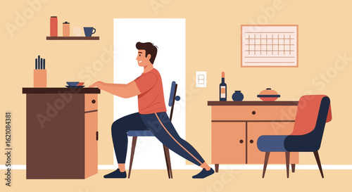 Man Stretching In Living Room For Well Being And Healthy Lifestyle