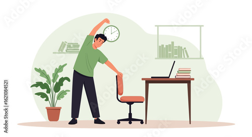 Man Stretching Near Desk, Relaxing From Working From Home At Office