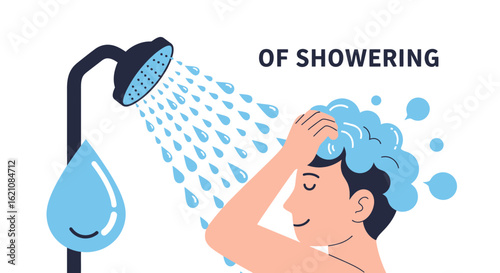 Man Taking A Shower Washing Hair With Shampoo In The Bathroom