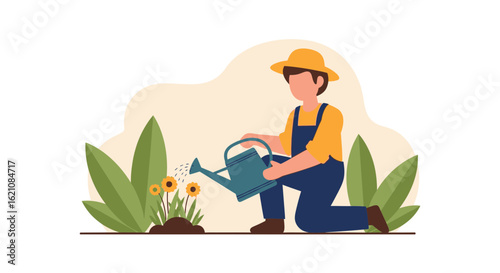 Man Taking Care of Plants With a Watering Can on a Beautiful Day