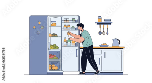 Man taking out a jar from a refrigerator in a well-organized and clean kitchen