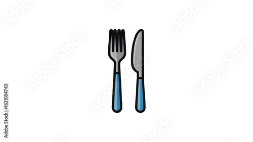 Illustration of a fork and knife with blue handles for dining or culinary purposes shown side by side on transparent background