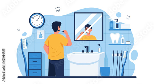 Man Brushing Teeth In Bathroom Performing Morning Oral Hygiene Routine