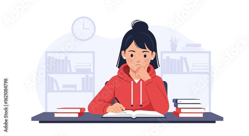 Intense Study Session Young Woman in Red Hoodie at Her Desk Studying