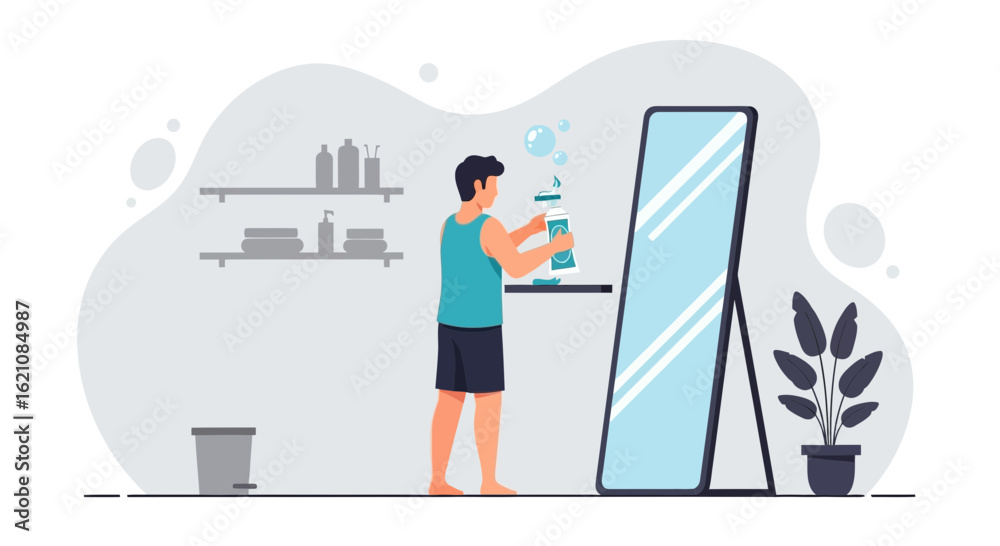 Fototapeta premium Man Cleans Mirror With Sprayer In Home Interior Illustration Design