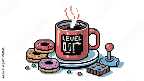 Pixel art depiction of a mug labeled level up with donuts and a joystick in a retro gaming aesthetic on transparent background