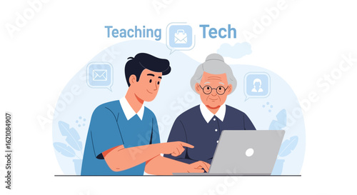 Intergenerational Digital Learning Young Man Explaining Tech To Senior Woman