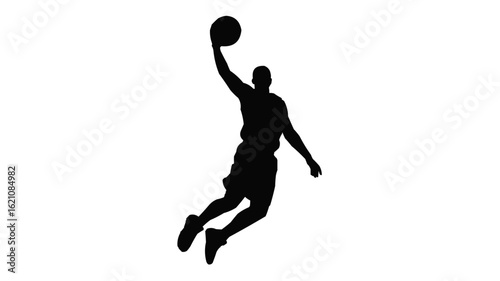 Silhouette of a basketball player jumping with a ball in hand against a white background image on transparent background