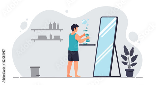 Man Cleans Mirror With Sprayer In Home Interior Illustration Design