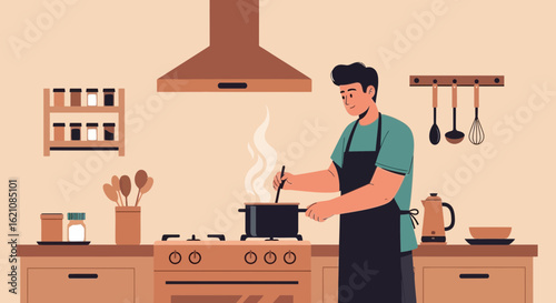 Man cooking in kitchen illustration with stove, utensils and various kitchenware