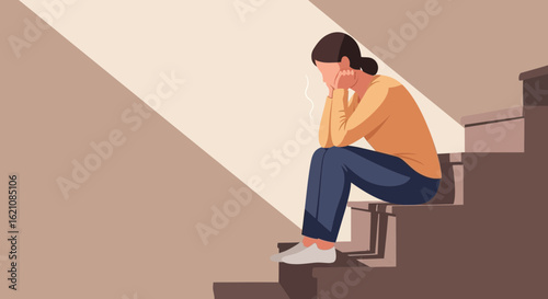 Isolated Woman Sitting On Steps Depicting Sadness And Feeling Lost