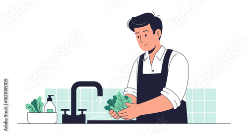 Man Wearing Apron Washing Fresh Green Leaves in Kitchen Sink Under Faucet
