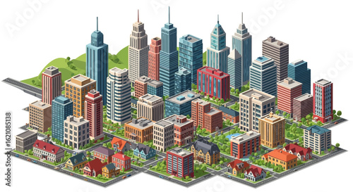 Isometric Urban Landscape Illustration With Skyscrapers And Residential Buildings