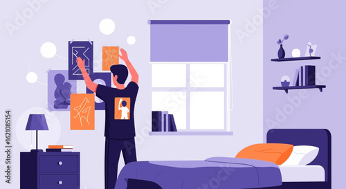 Man Decorating Bedroom With Abstract Art Prints In A Minimalist Style Interior