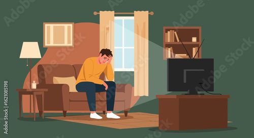 Man Depressed Watching Tv At Home During Quarantine Or After Breakup