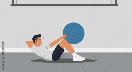 Man Does Crunches With Exercise Ball Strengthening His Abdominal Muscles