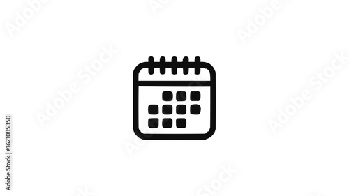 Illustration of a black and white calendar icon with a grid of dates and a spiral binding on top on transparent background