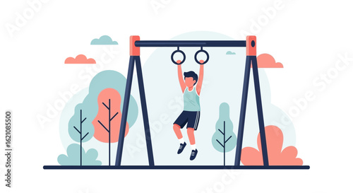 Man Doing Gymnastics Exercise On The Rings In The Park Modern Illustration