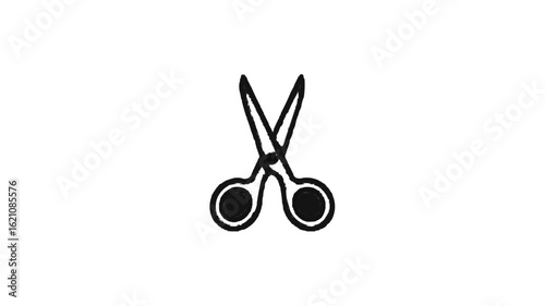 Stylized black and white drawing of open scissors with rounded handles and sharp blades crossed in center on transparent background