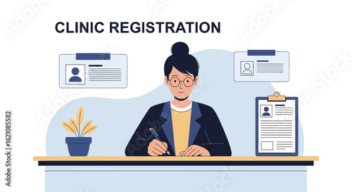 Medical Clinic Patient Registration Process With Woman Filling Form