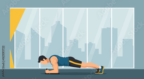 Man Doing Plank Exercise in Front of Cityscape View for Fitness Concept