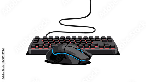 Illustration showing a gaming keyboard with red backlight and a mouse with a blue accent line design on transparent background