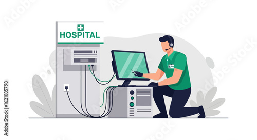 Medical Facility Technician Working on System Setup and Configuration Network Equipment