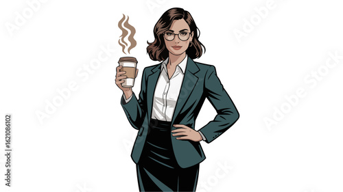 Illustration of a woman in a suit holding a coffee cup with steam rising on a white background on transparent background