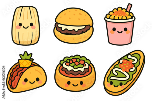 Cute vivid pastel cartoon Mexican snacks like gorditas, sopes, and huaraches. Ideal for cultural food prints, packaging, and stock art.