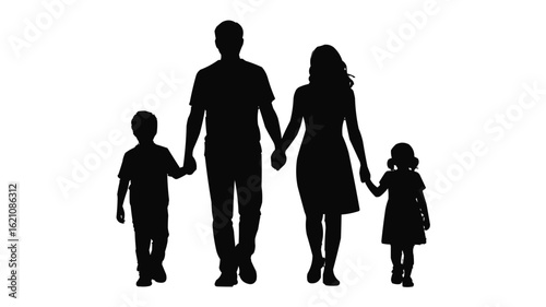 Silhouette of a family of four walking together holding hands against a white background in a vector image on transparent background
